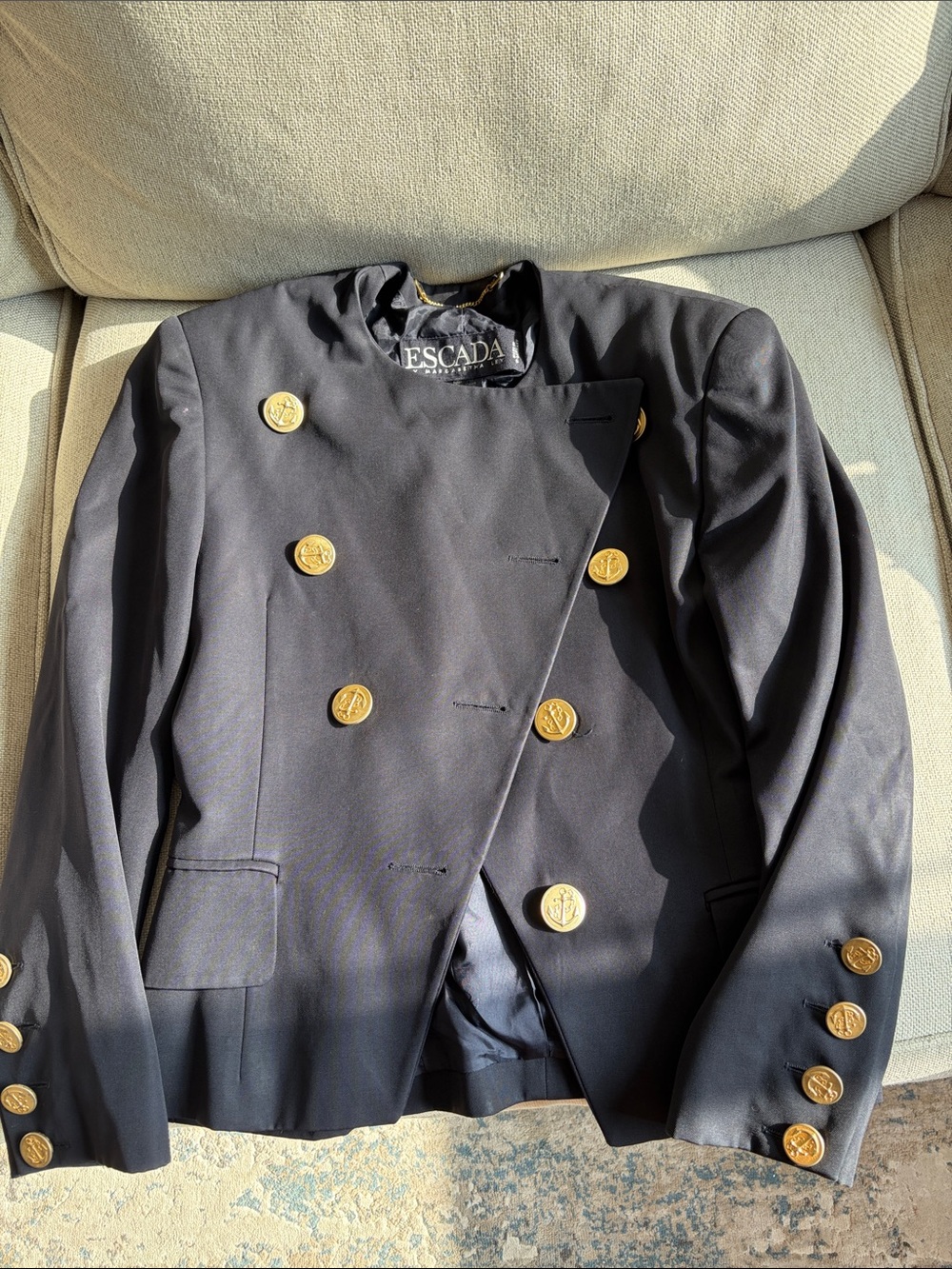 Escada Black Double-Breasted Pea Coat with Gold Buttons